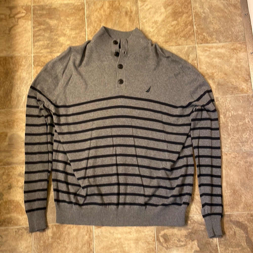 Nautica Cotton/Cashmere Button-up Gray/Navy Stripped Sweater Sz. Large